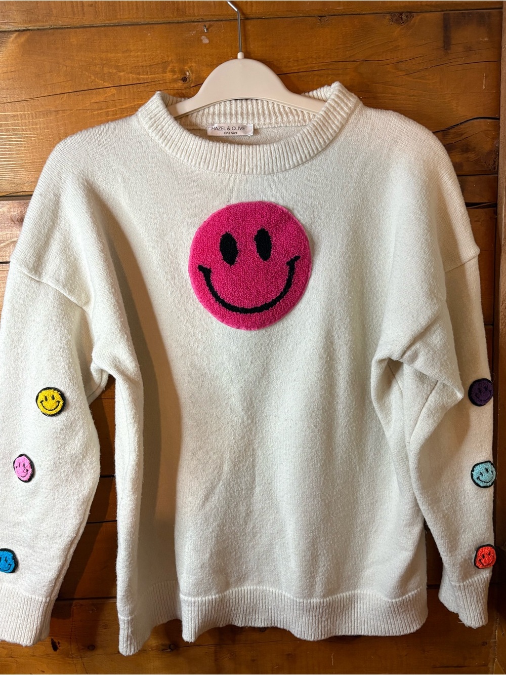 Hazel & Olive Cream Crewneck Sweater with Pink multi color Smiley faces one size